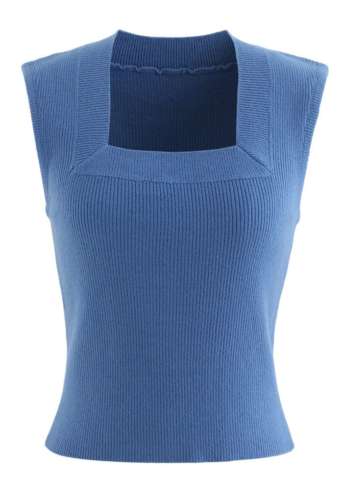 Square Neck Sleeveless Ribbed Knit Top in Blue