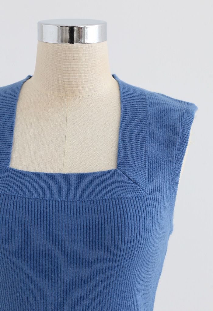 Square Neck Sleeveless Ribbed Knit Top in Blue