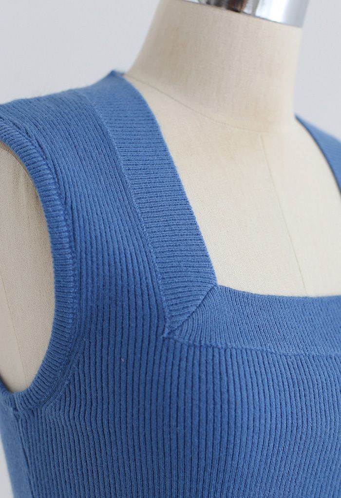 Square Neck Sleeveless Ribbed Knit Top in Blue