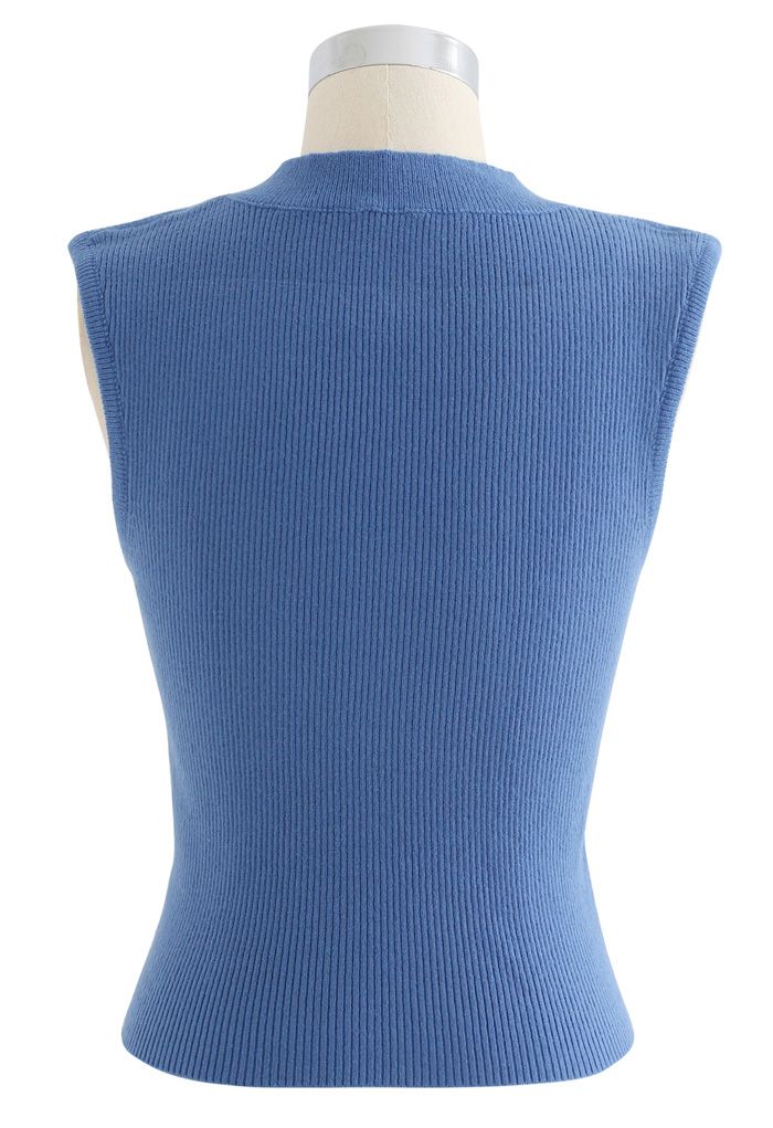 Square Neck Sleeveless Ribbed Knit Top in Blue