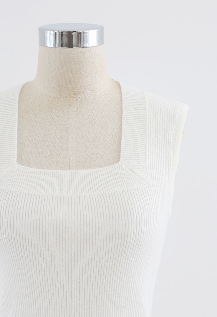 Square Neck Sleeveless Ribbed Knit Top in White