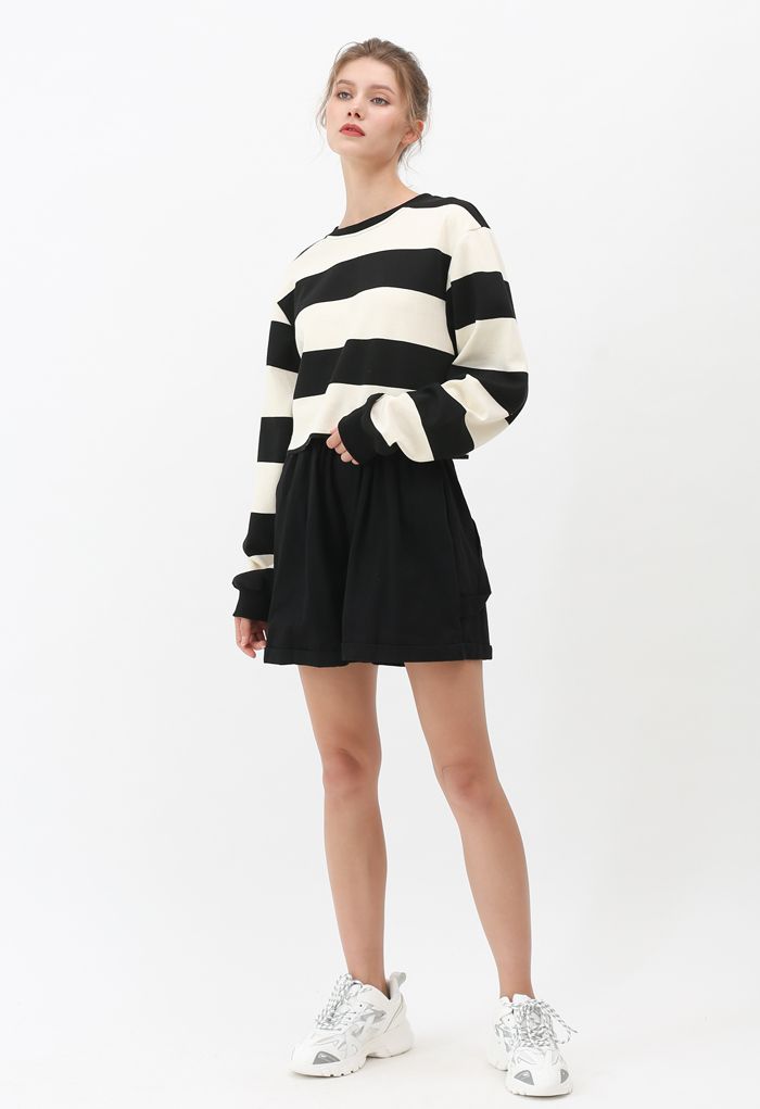 Black and White Stripes Cropped Sweatshirt