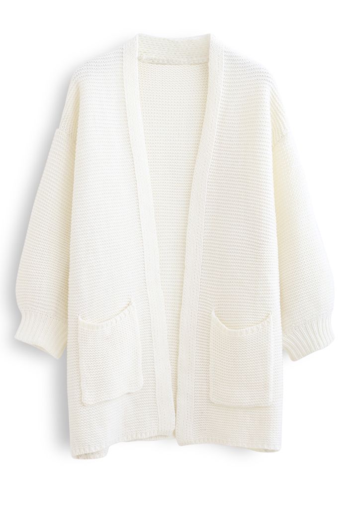 Basic Pockets Open Front Knit Cardigan in White