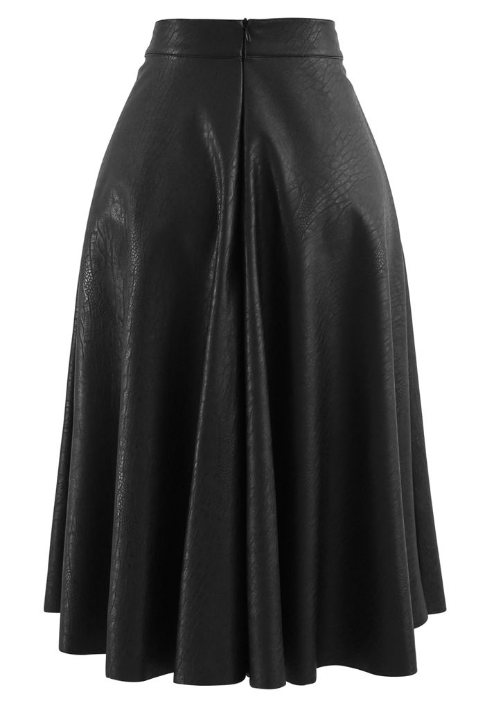 Faux Leather Crocodile Embossed A-Line Midi Skirt in Black - Retro ...