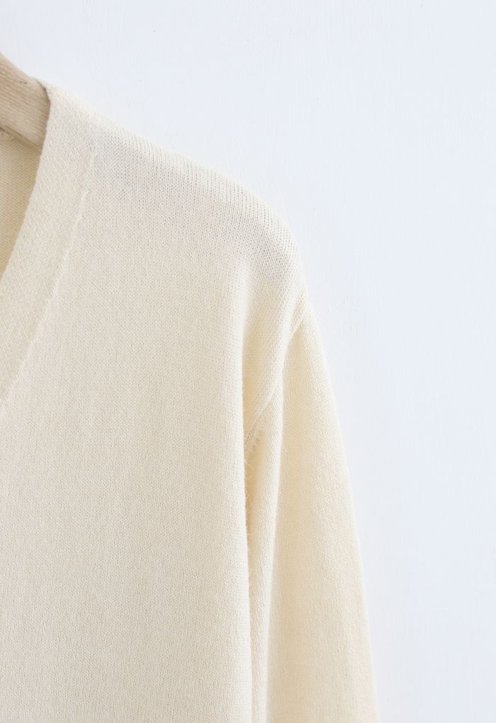 V-Neck Button Down Ribbed Knit Cardigan in Cream