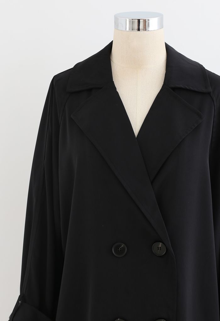 Belted Double-Breasted Chiffon Trench Coat in Black