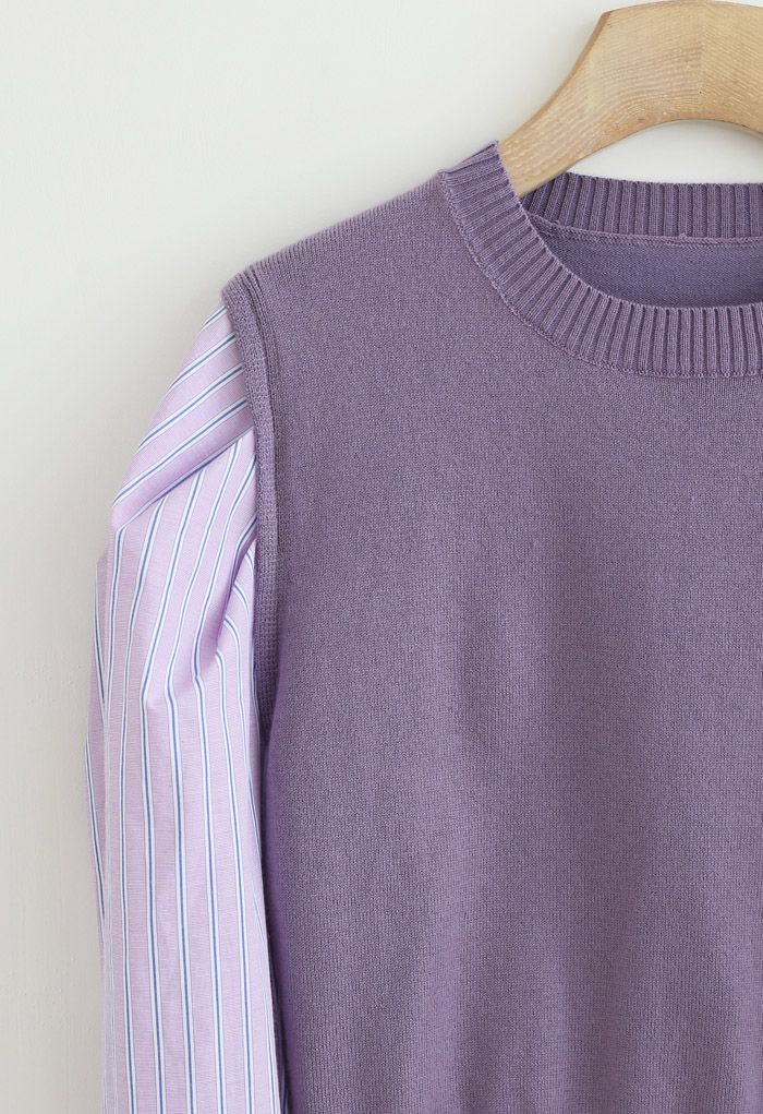 Stripe Sleeves Panel Knit Sweater in Violet