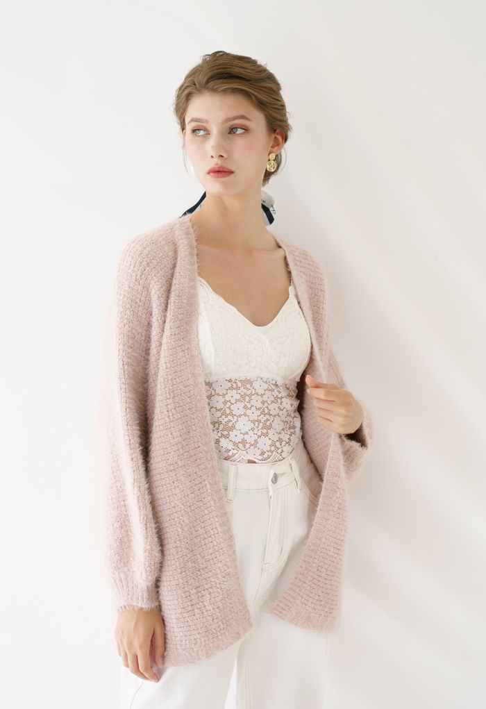 Fuzzy Open Front Waffle Knit Cardigan in Dusty Pink