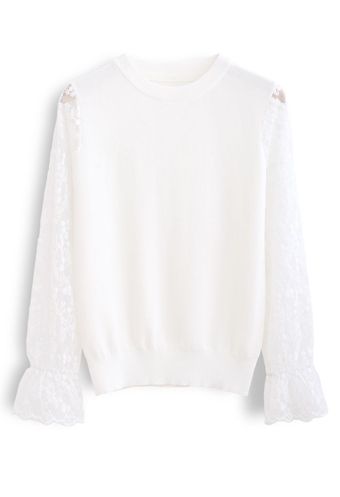 Embroidered Posy Mesh Sleeves Knit Top in White