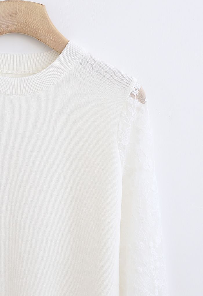 Embroidered Posy Mesh Sleeves Knit Top in White