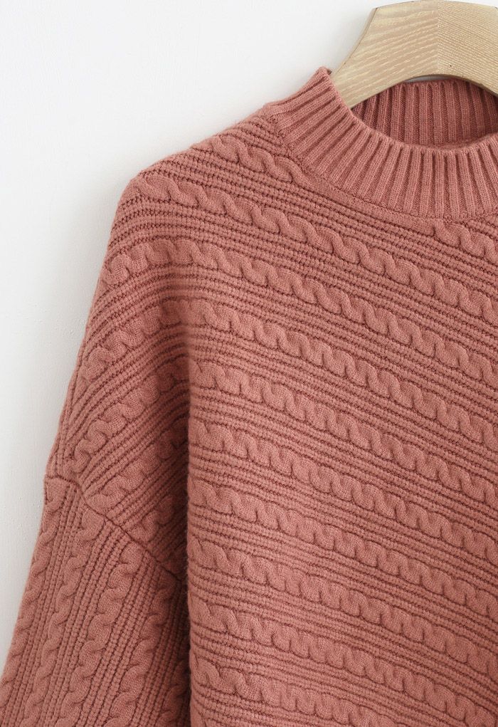 Batwing Sleeves Braid Knit Sweater in Coral