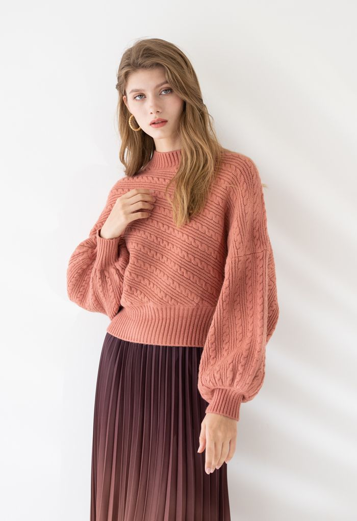 Batwing Sleeves Braid Knit Sweater in Coral