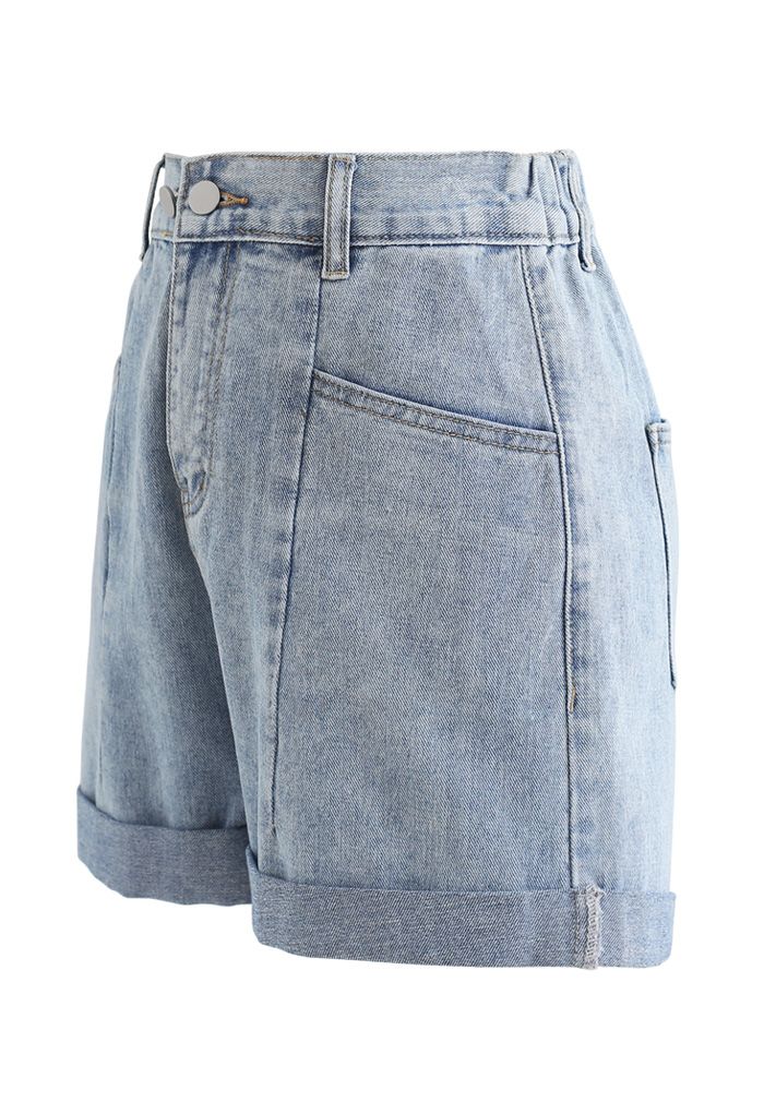 Patched Pockets High-Waist Denim Shorts