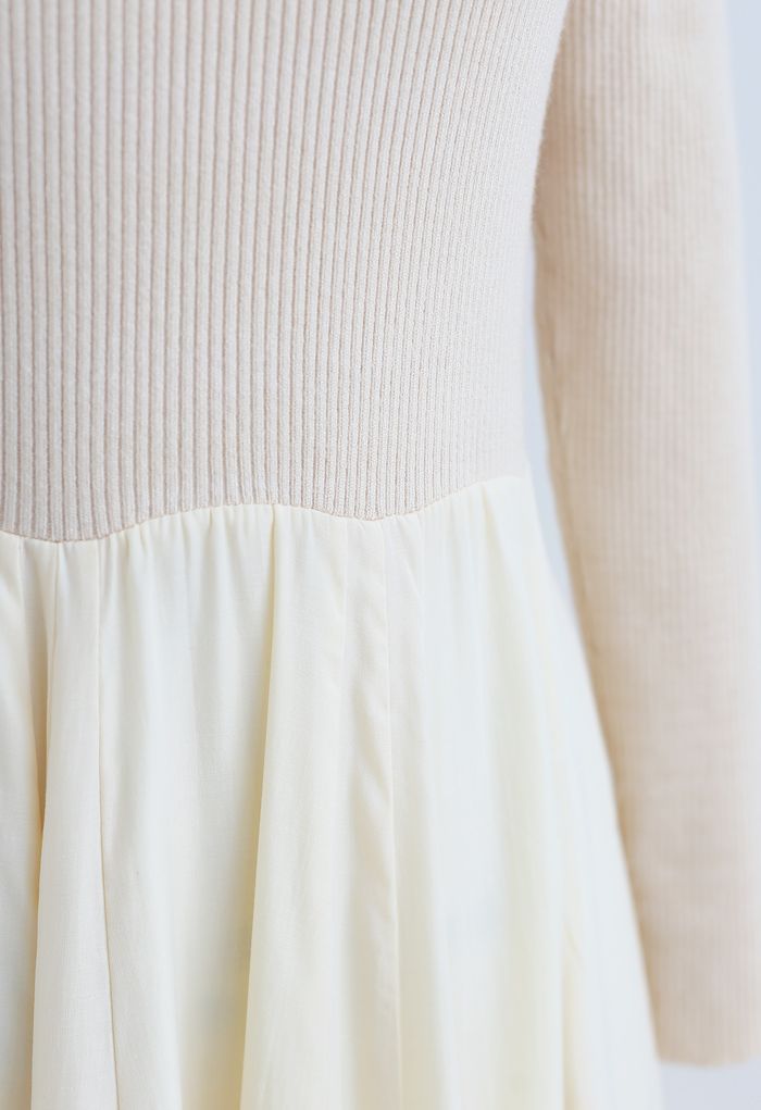 Knit Spliced Long Sleeves Maxi Dress in Cream
