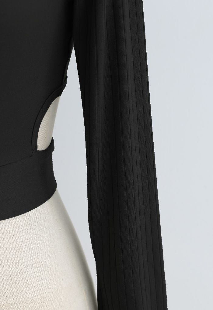 Self-Tie Waist Long Sleeves Cropped Sports Top in Black