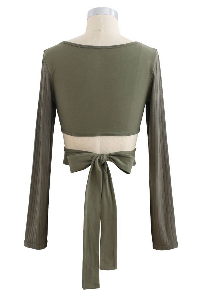 Self-Tie Waist Long Sleeves Cropped Sports Top in Olive