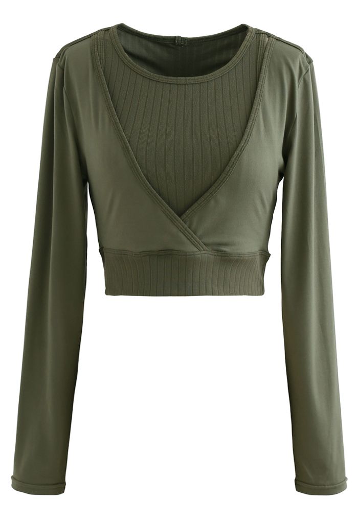Fake Two-Piece Sleeves Cropped Sports Top in Olive