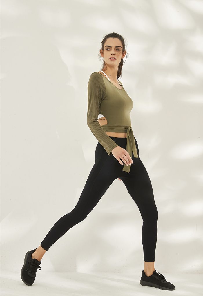 Self-Tie Waist Long Sleeves Cropped Sports Top in Olive
