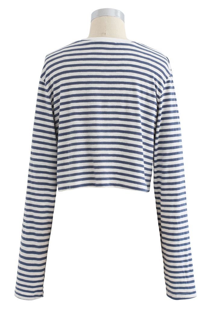 Cropped Long Sleeves Stripes Knit Top in Dusty Blue