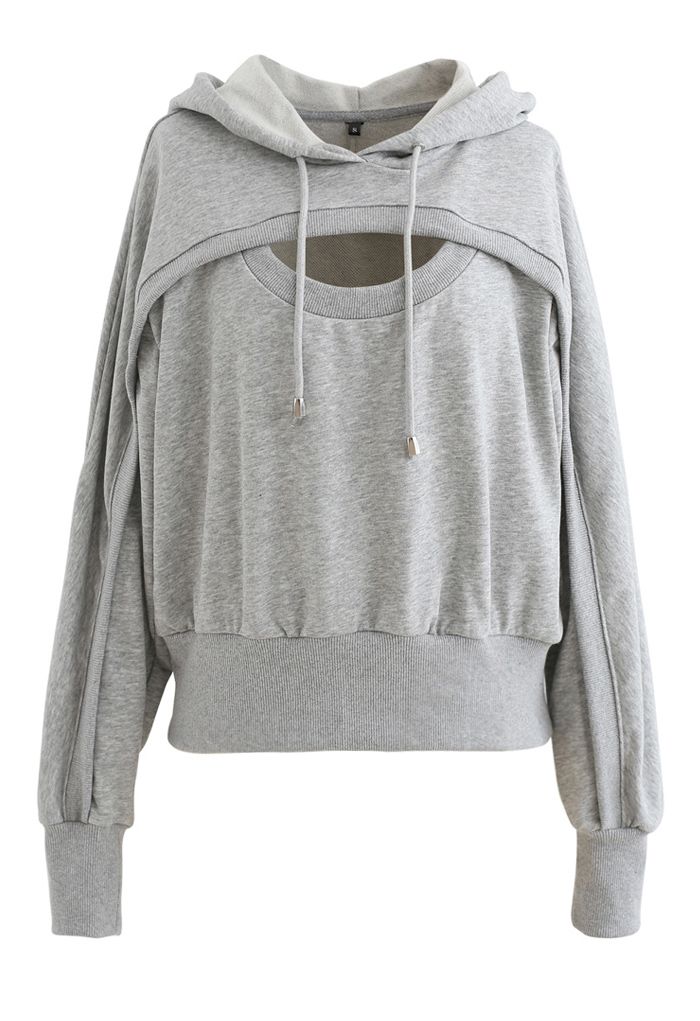 Spliced Cutout Hooded Cropped Sweatshirt in Grey