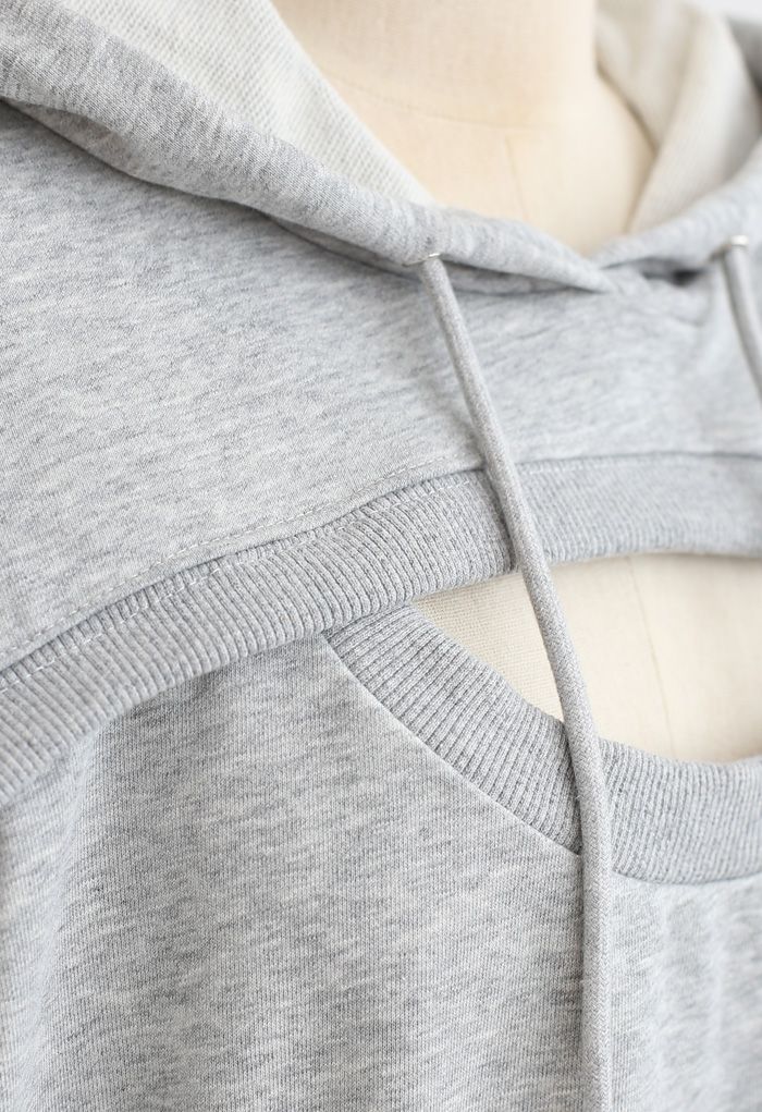 Spliced Cutout Hooded Cropped Sweatshirt in Grey