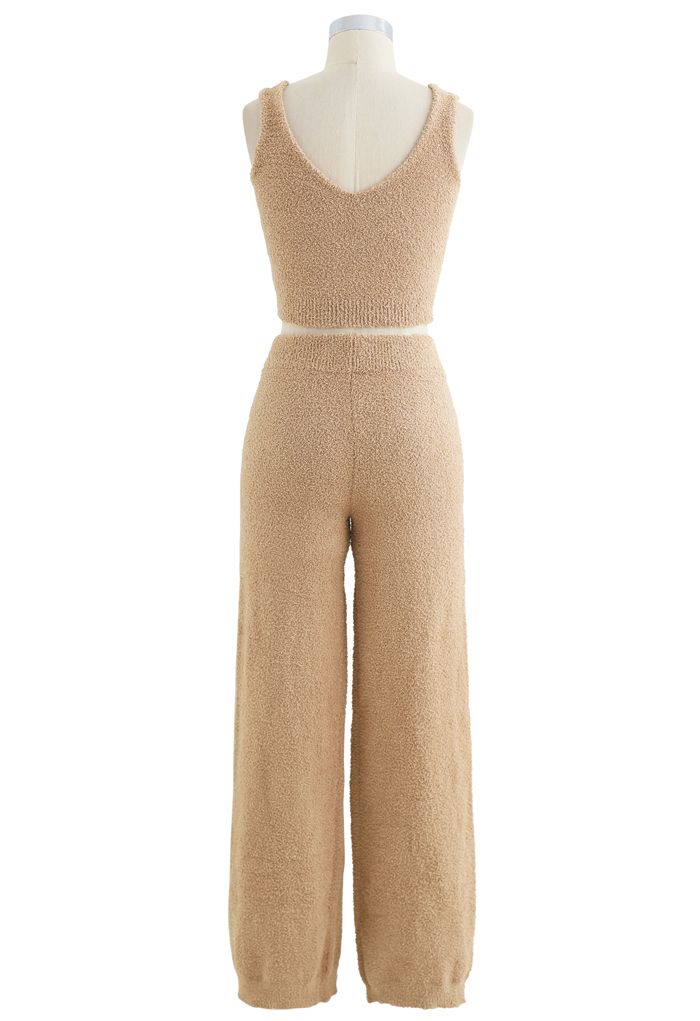 Fluffy Knit Crop Tank Top and Pants Set in Tan