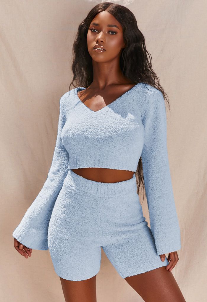Fluffy Knit V-Neck Crop Top and Shorts Set in Blue
