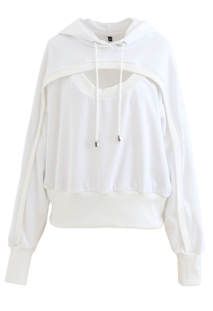Spliced Cutout Hooded Cropped Sweatshirt in White