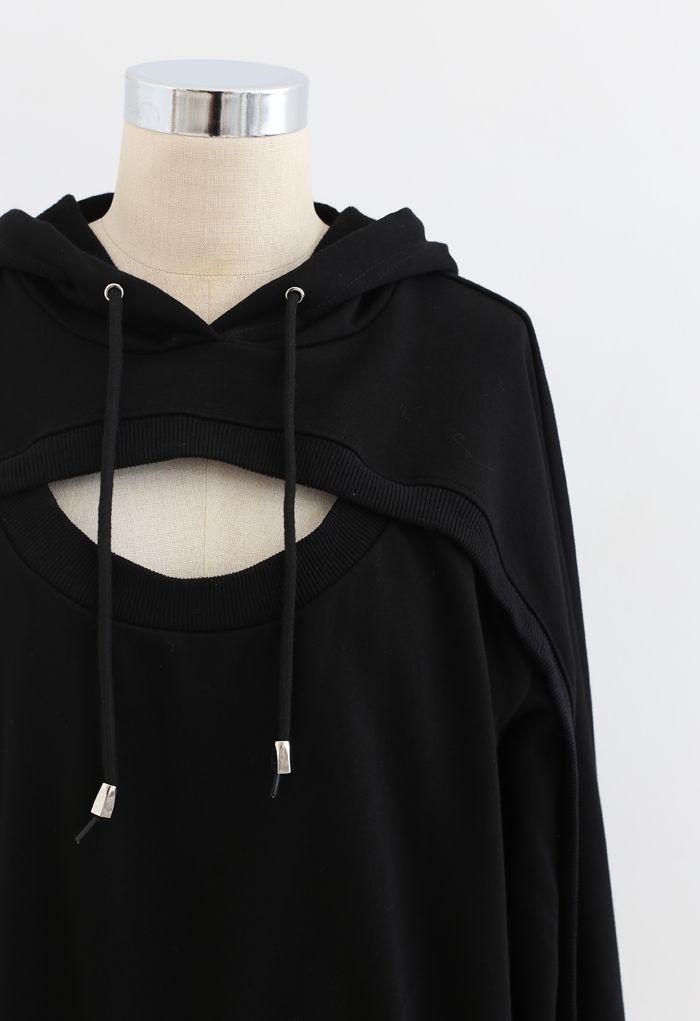 Spliced Cutout Hooded Cropped Sweatshirt in Black