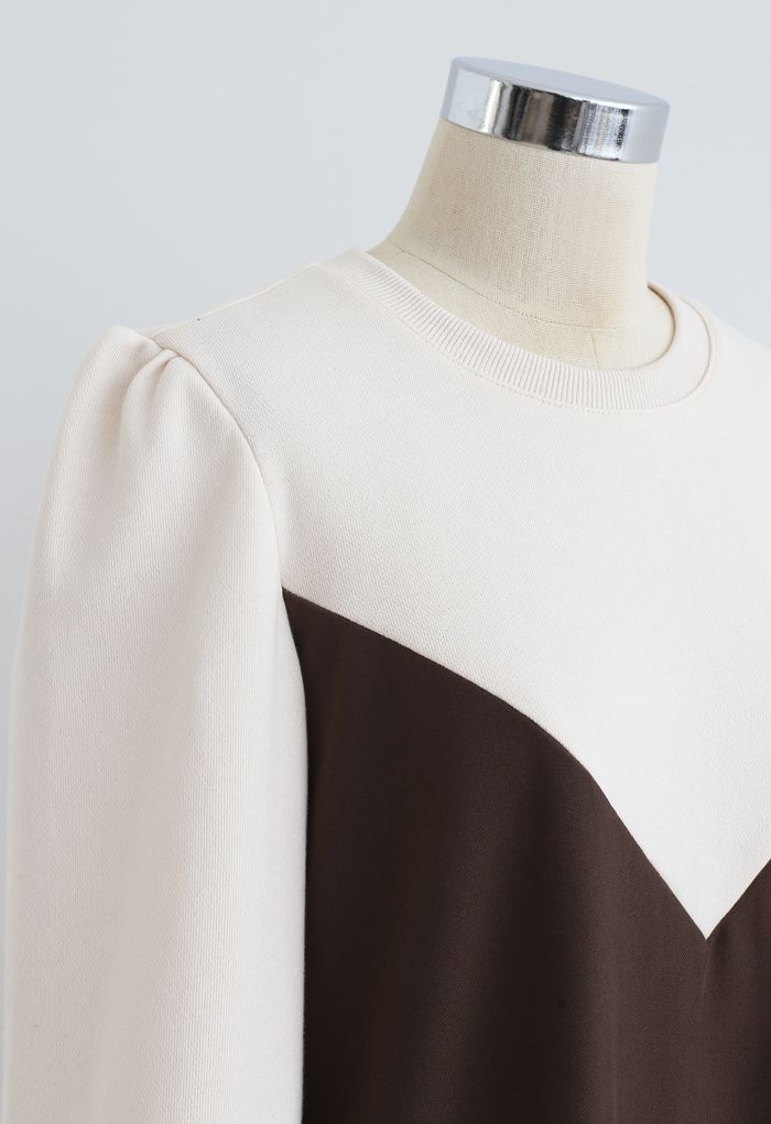 Casual Two-Tone Sweatshirt Dress in Brown