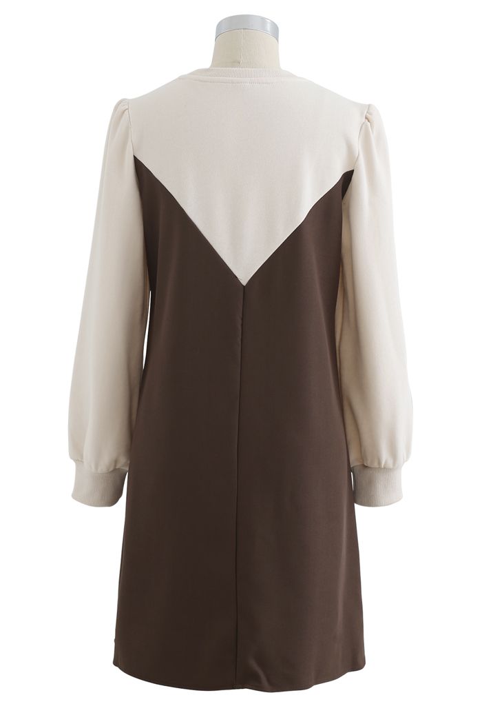 Casual Two-Tone Sweatshirt Dress in Brown