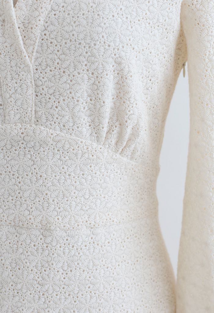 Full Floret Embroidered V-Neck Dress in Cream