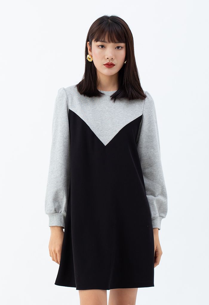 Casual Two-Tone Sweatshirt Dress in Black