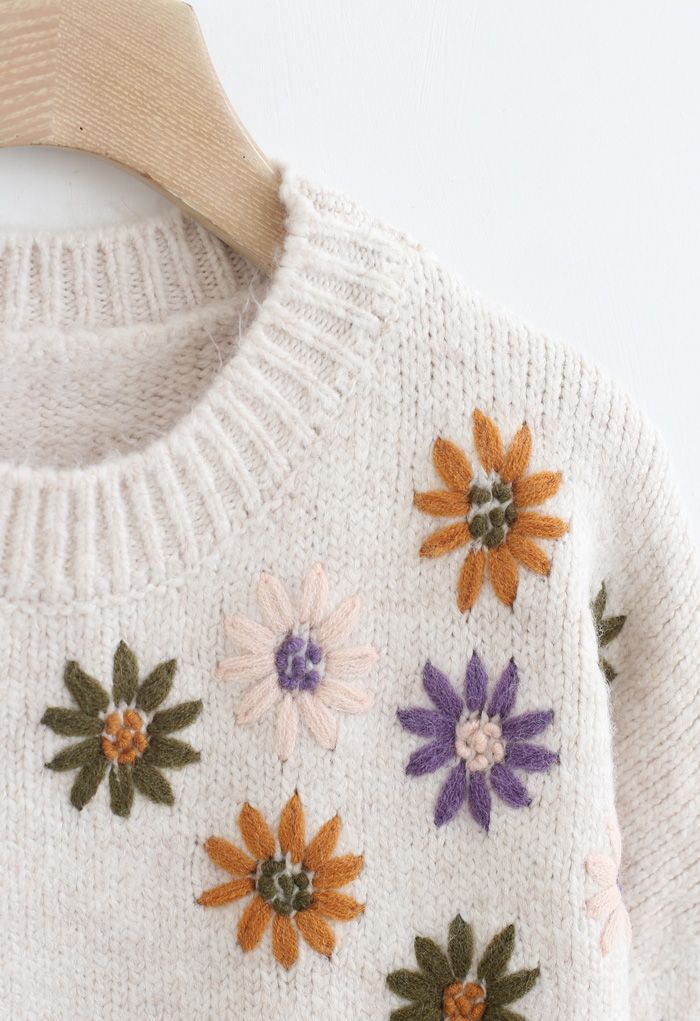 Crew Neck Floral Embroidered Knit Sweater in Ivory