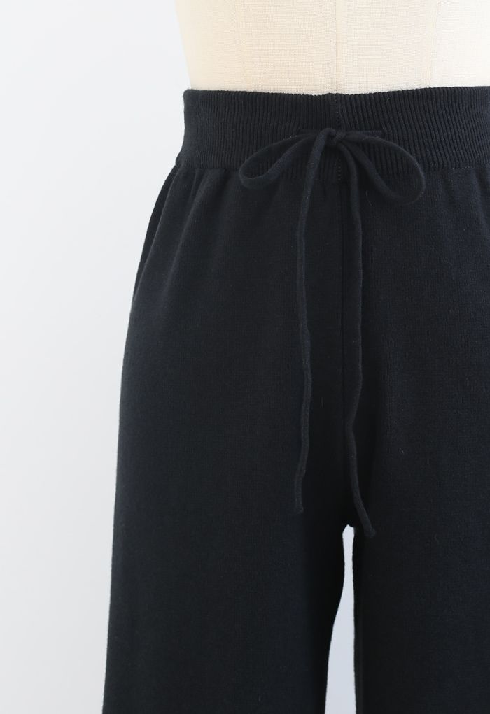 Straight Leg Drawstring Waist Knit Pants in Black