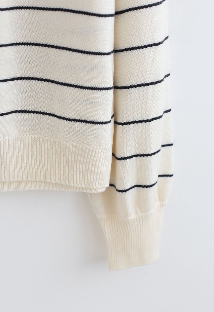 Striped Button Knit Sweater in Cream