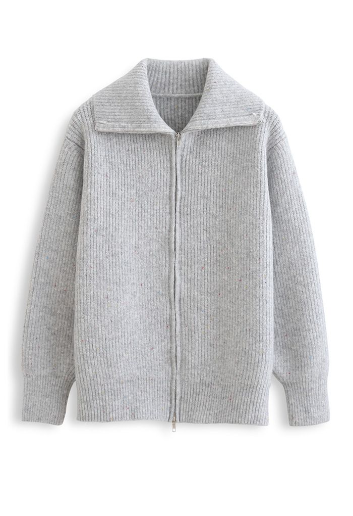 Full Zip Ribbed Knit Cardigan in Grey