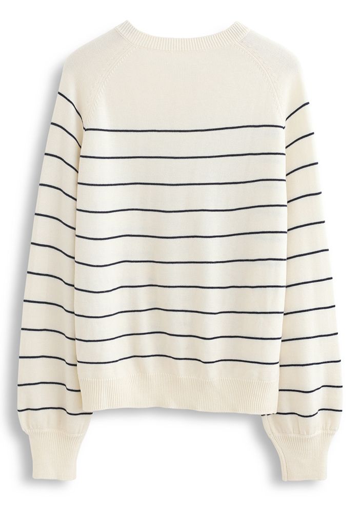 Striped Button Knit Sweater in Cream
