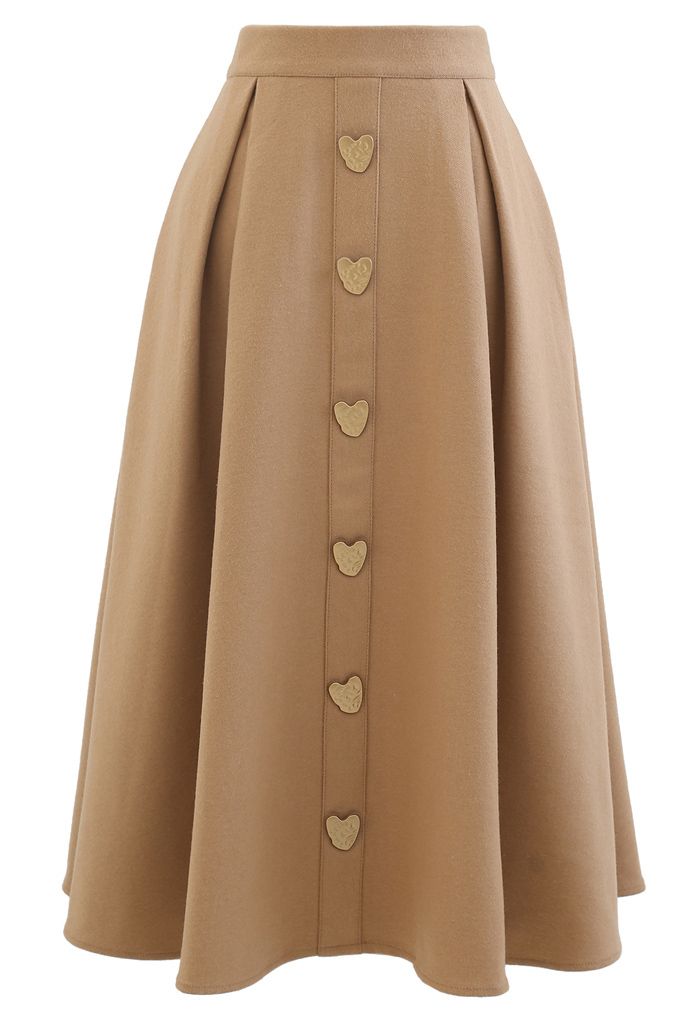 Heart Shape Button Embellished A-Line Midi Skirt in Camel