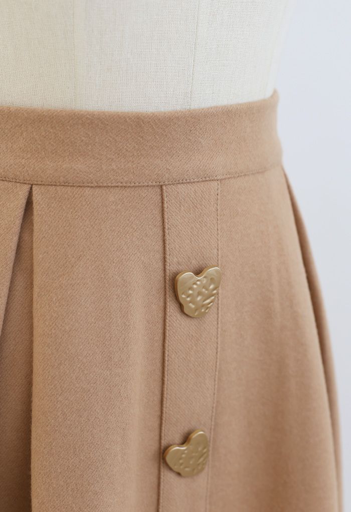 Heart Shape Button Embellished A-Line Midi Skirt in Camel
