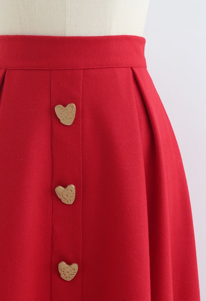 Heart Shape Button Embellished A-Line Midi Skirt in Red