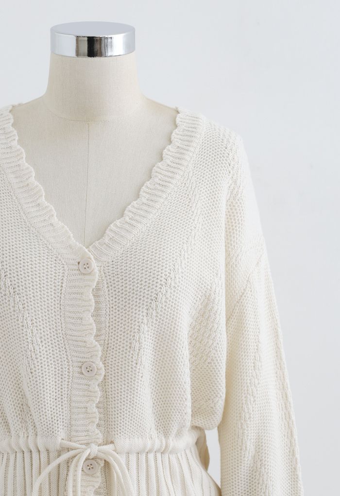 Drawstring V-Neck Button Down Knit Cardigan in Ivory