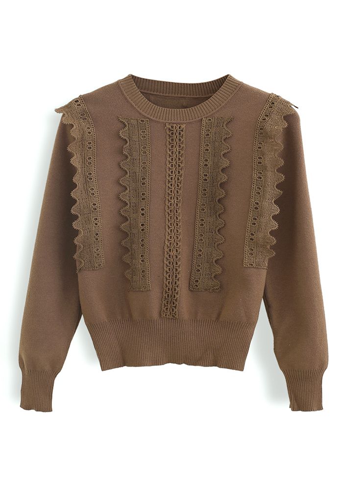 Crochet Front Ribbed Knit Sweater in Caramel