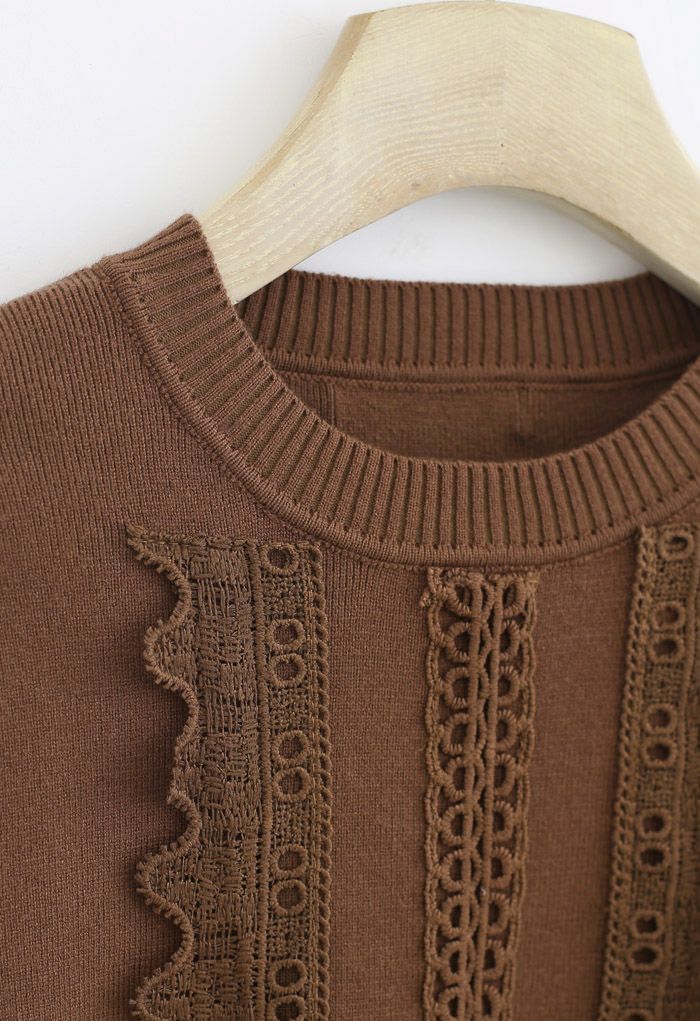 Crochet Front Ribbed Knit Sweater in Caramel