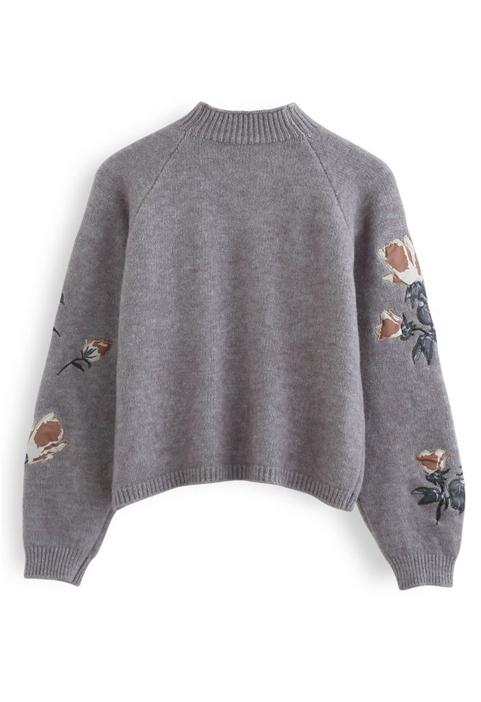 Digital Floral Print Embroidered Knit Sweater in Grey - Retro, Indie ...