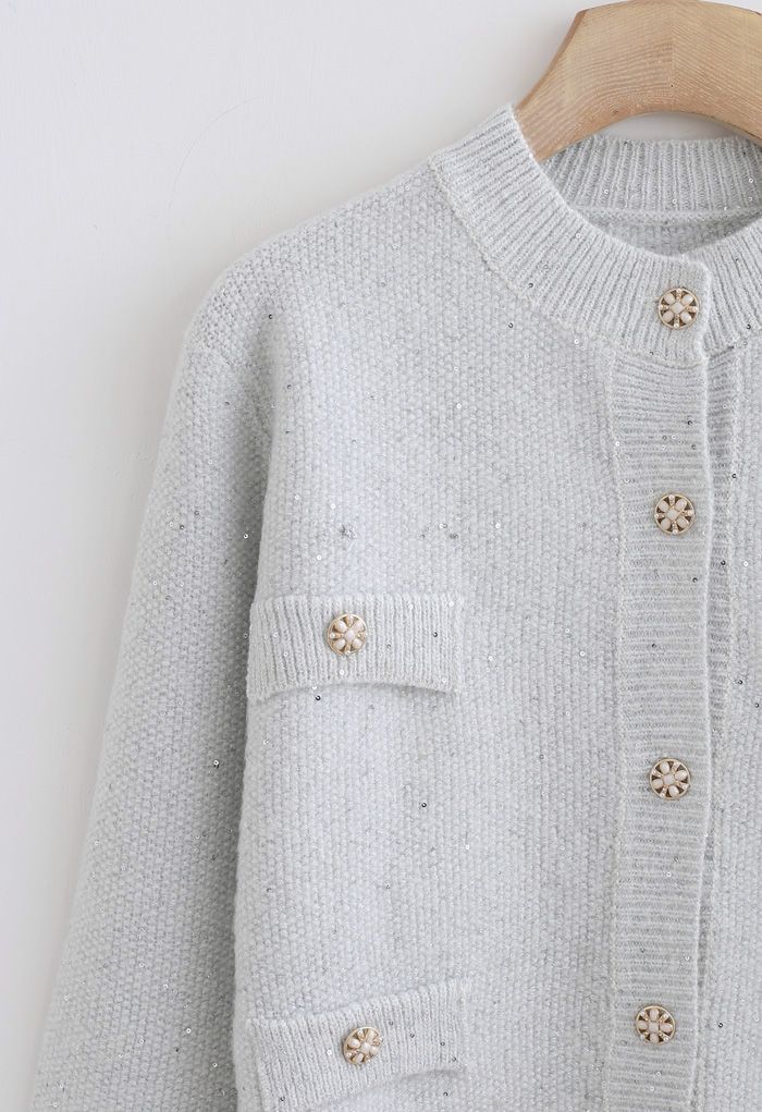 Sequins Thread Button Down Knit Cardigan in Silver
