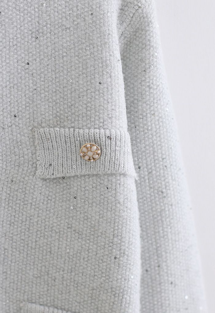 Sequins Thread Button Down Knit Cardigan in Silver