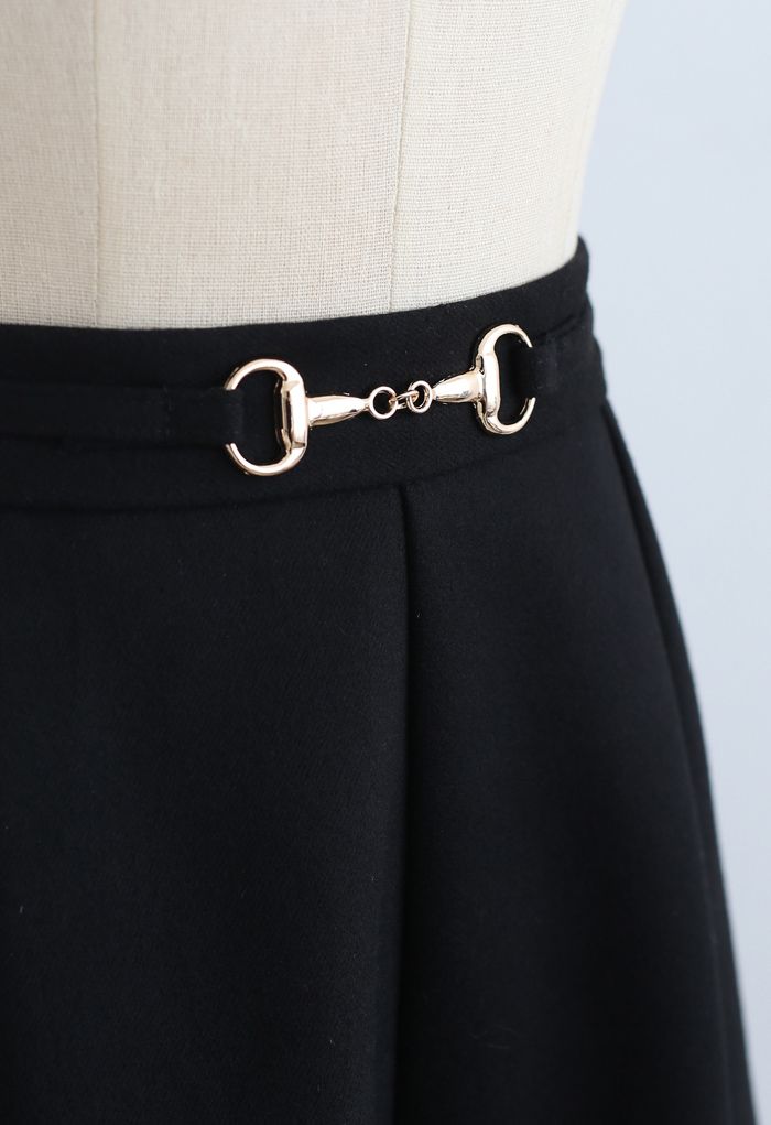 Horsebit Waist Seam Detail Flare Skirt in Black