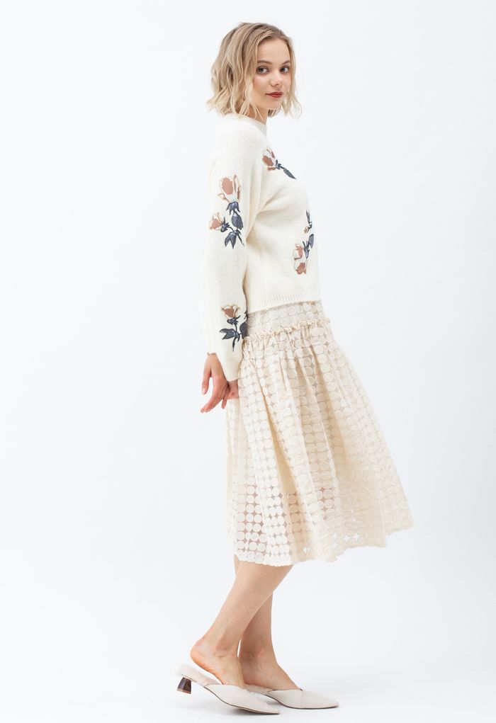 Digital Floral Print Embroidered Knit Sweater in Cream