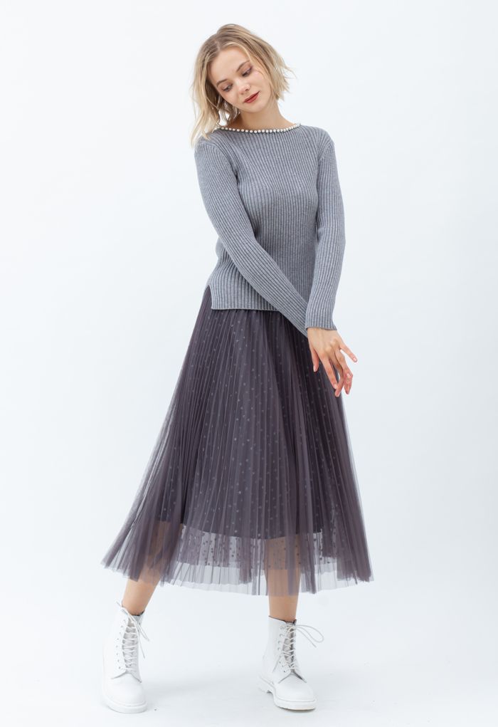 Starry Double-Layered Pleated Tulle Midi Skirt in Smoke